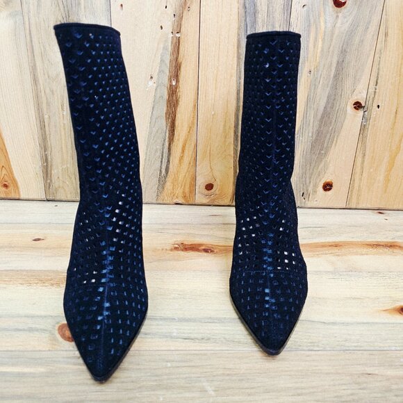 Paige Layla Mid Calf Boot Black Suede Perforated Pointed Toe Heeled - Picture 2 of 6